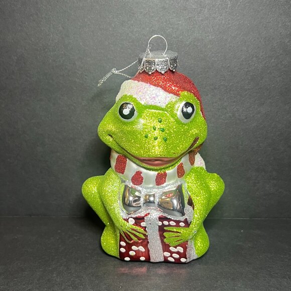 Vintage Large Green & Red Glitter Blown Glass Frog Christmas Ornament 5" - Picture 1 of 6